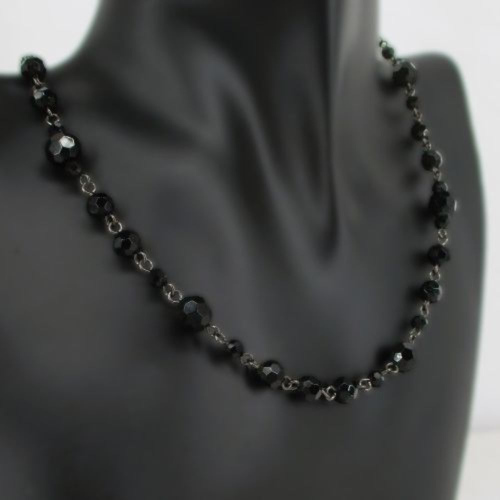 Black Glass Faceted Beads Station Chain Single Strand Womens Necklace 18"